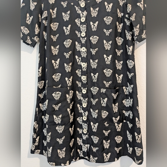 Anthropologie Black Dog Print 100% Silk Short Sleeve Button-Up Mini Slip Dress - Picture 5 of 8